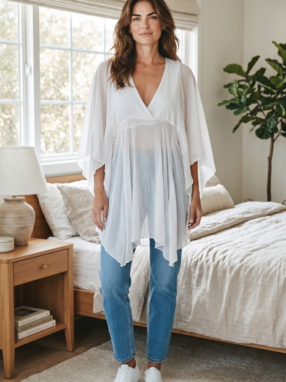 Lightweight White V-Neck Sheer Tunic Top - Flowy Women's Overlay